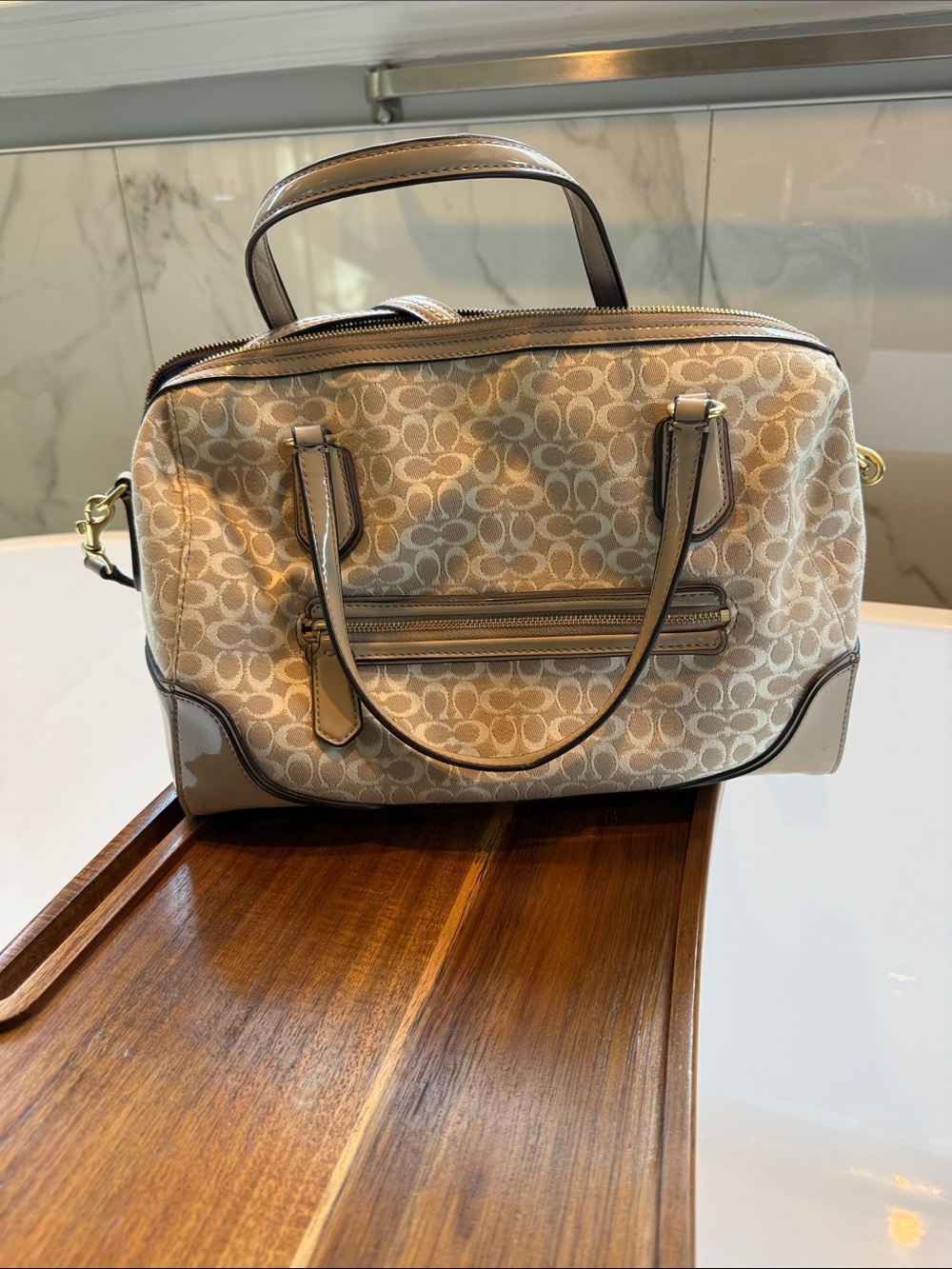 Coach Khaki and Chalk Signature Canvas Satchel
